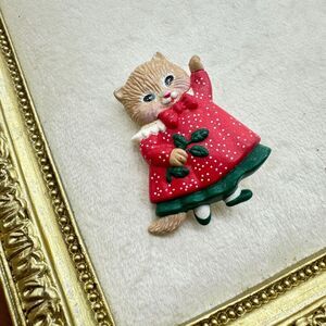 Vintage Hallmark Christmas Cat Brooch Pin Cat in Dress Holiday Cat in dress